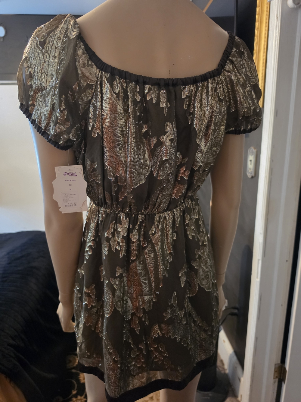 NWT Hale Bob Metallic Gold Olive Floral Babydoll Bow Top M - Picture 4 of 7